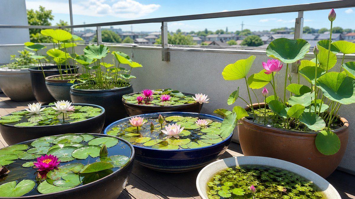 日当たりの良いベランダで睡蓮と蓮の鉢を育てる開花管理画像