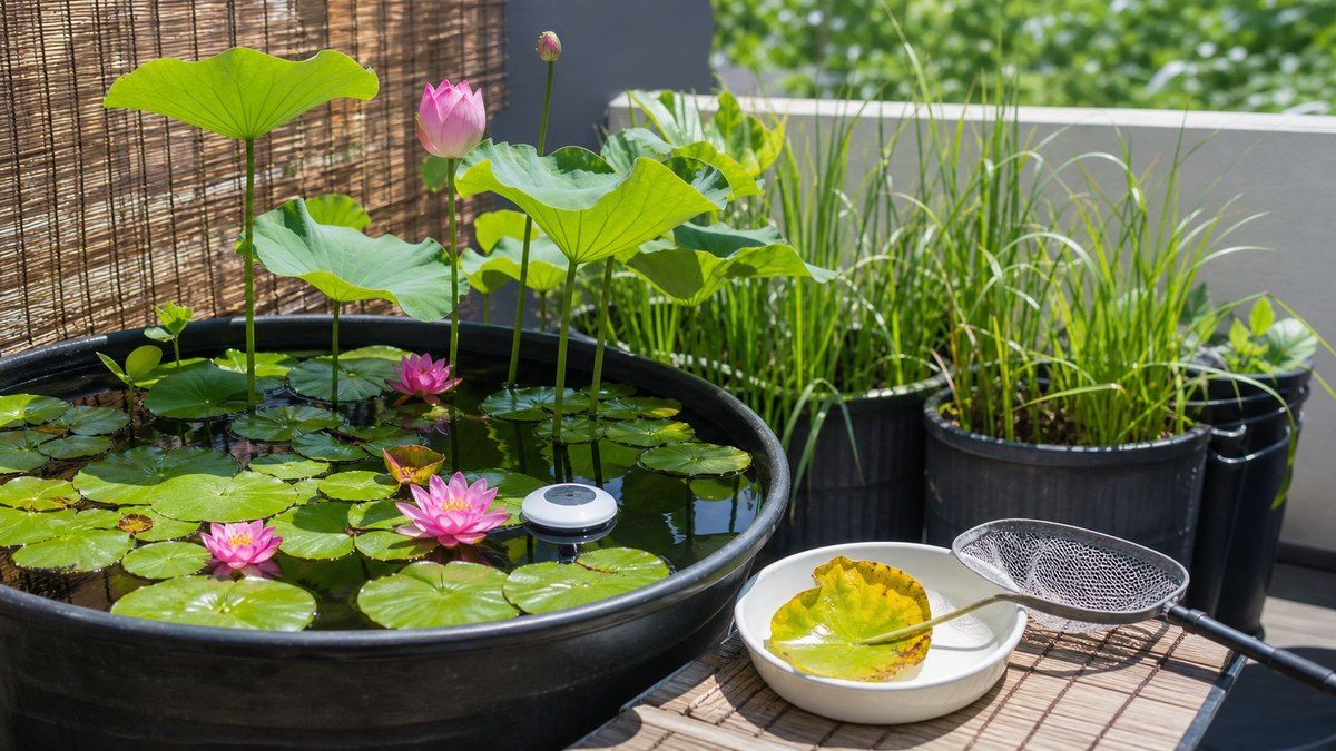夏の睡蓮鉢でネットと取り除いた葉を使う水温管理と病害虫対策画像