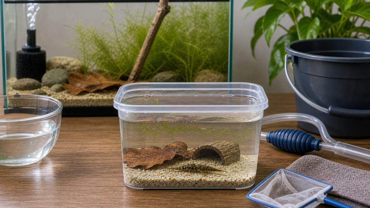 ヤゴの体調確認と隔離観察用の清潔な容器を示す画像