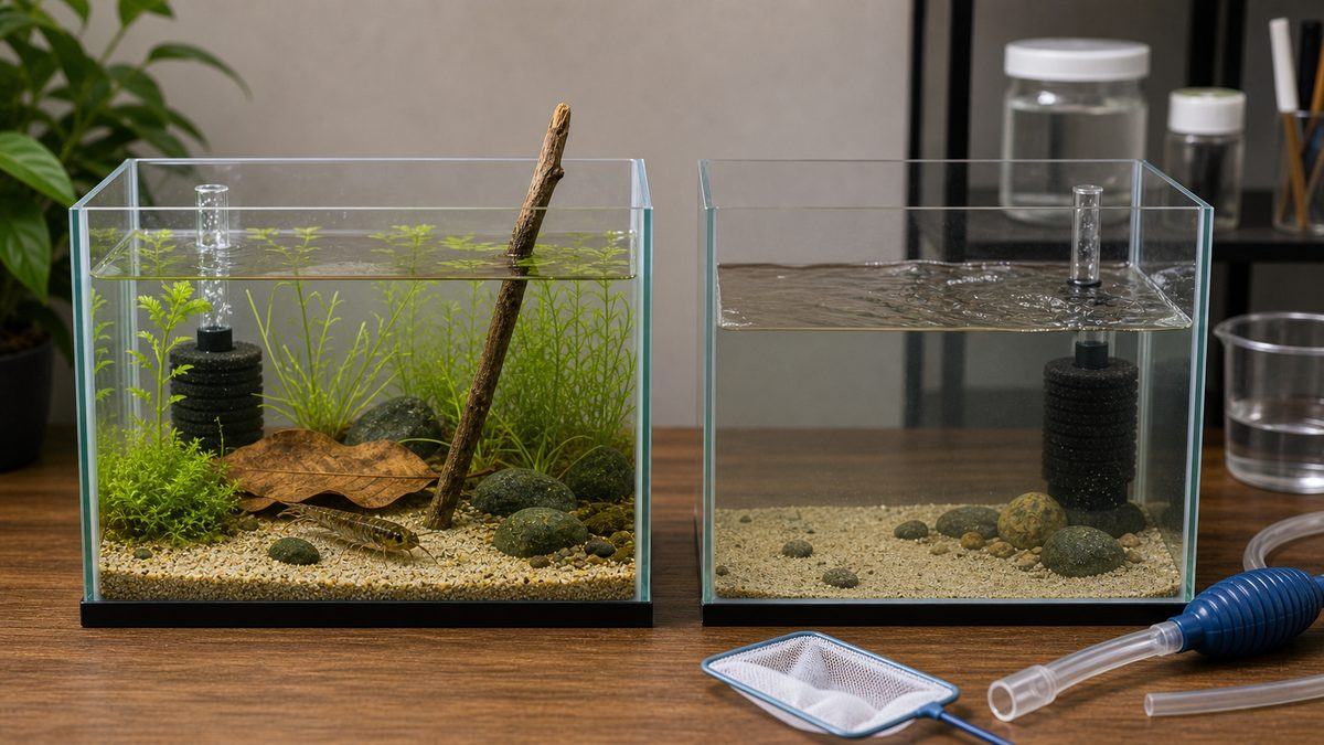 ヤゴ飼育の失敗を防ぐために正しい水槽環境を比較する画像