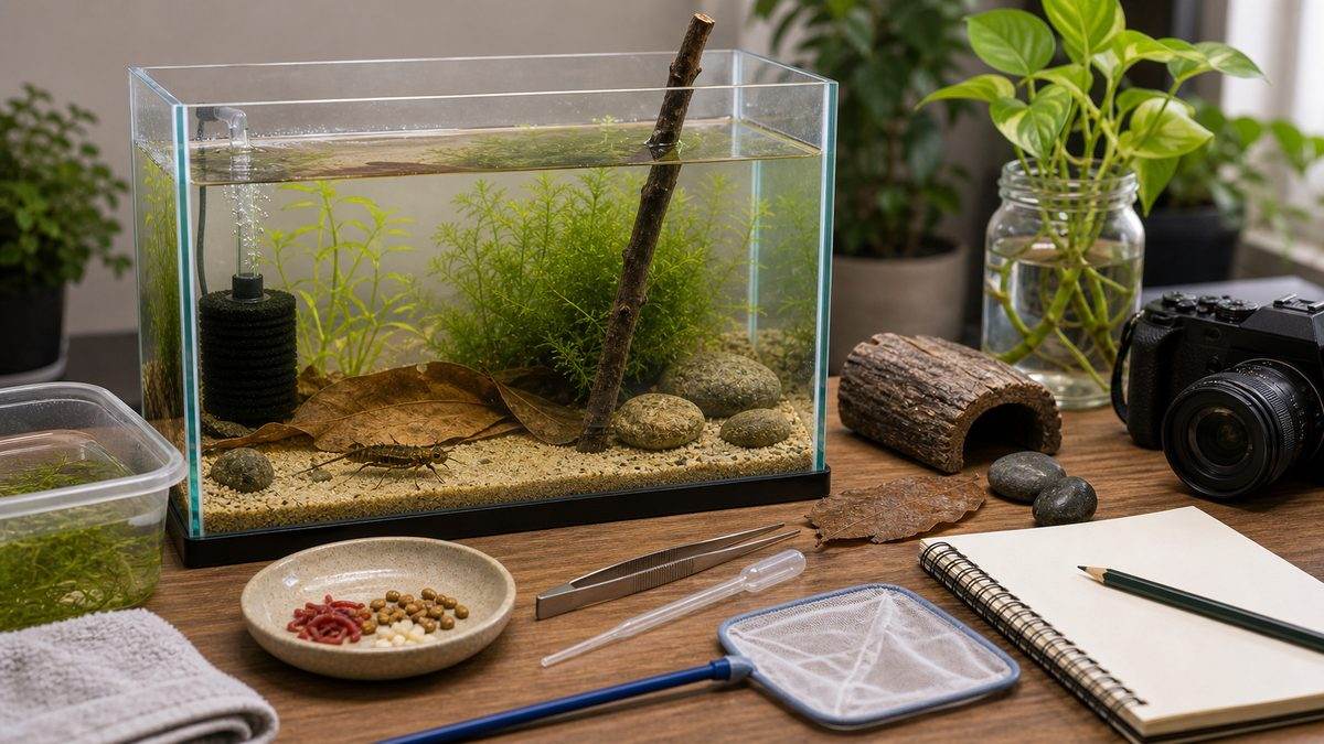 ヤゴ飼育のよくある疑問に関わる道具と観察水槽の画像