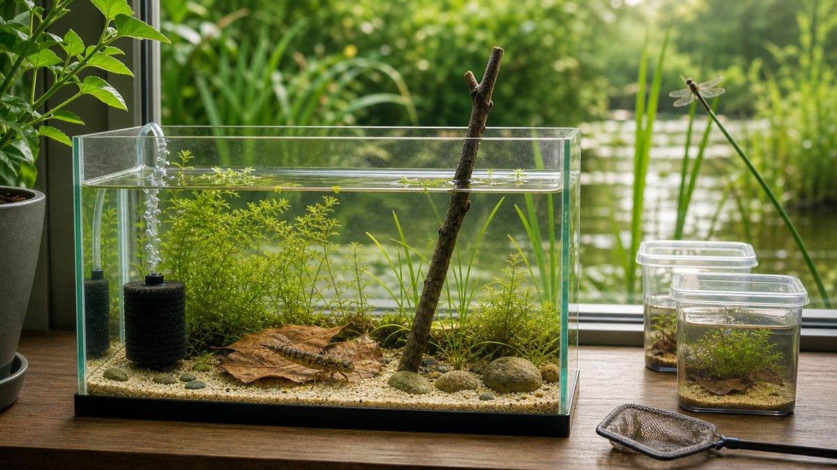 ヤゴ飼育の要点をまとめた羽化用足場付き観察水槽の画像