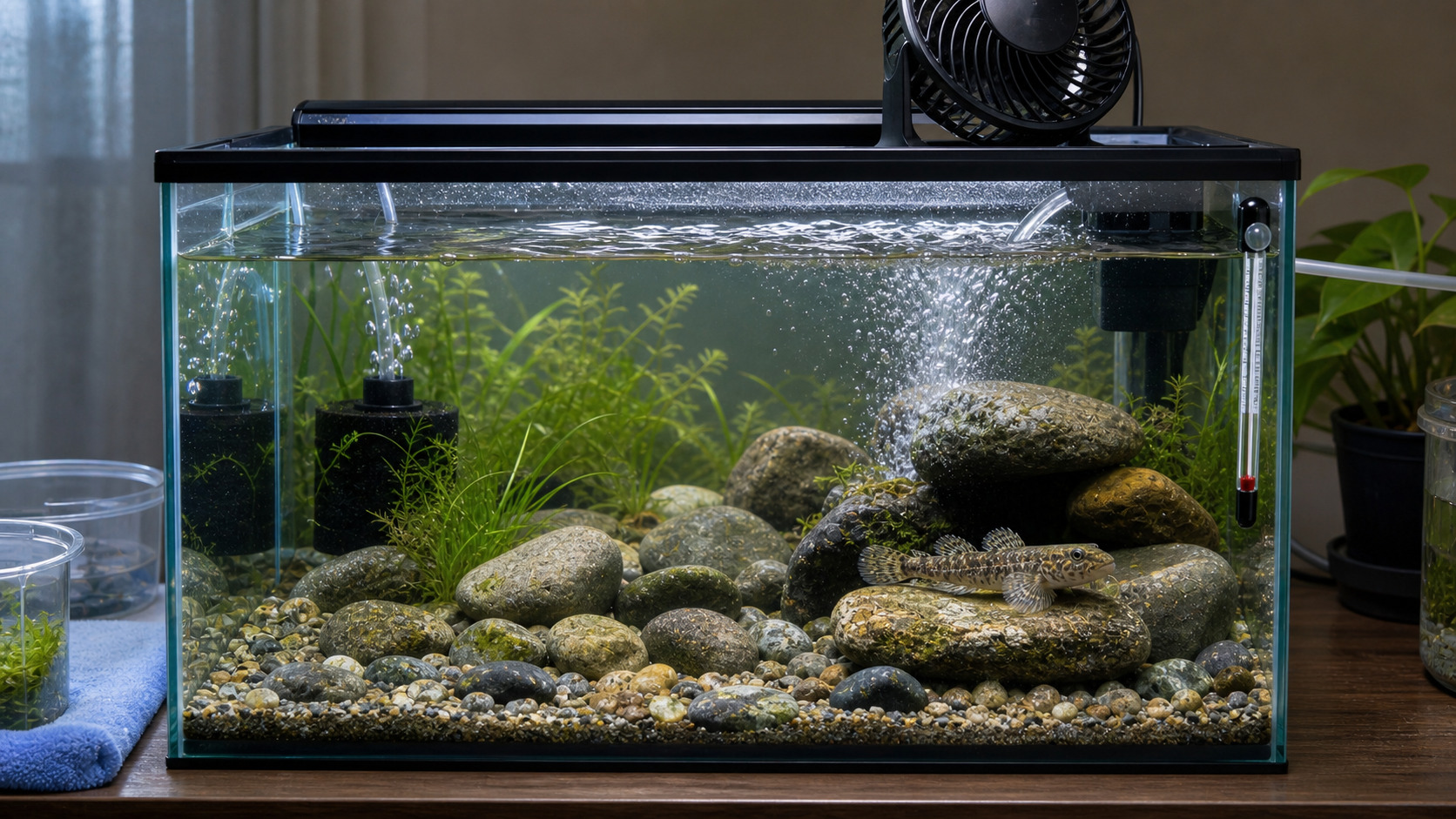冷却ファンと水流で冷たい川を再現するヨシノボリ水槽