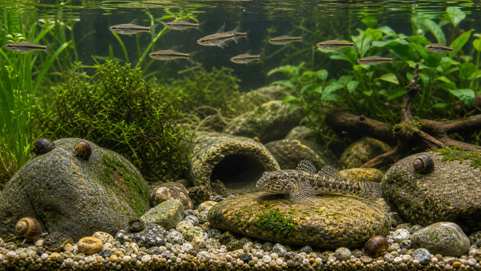 ヨシノボリと上層魚の泳層を分けた混泳水槽