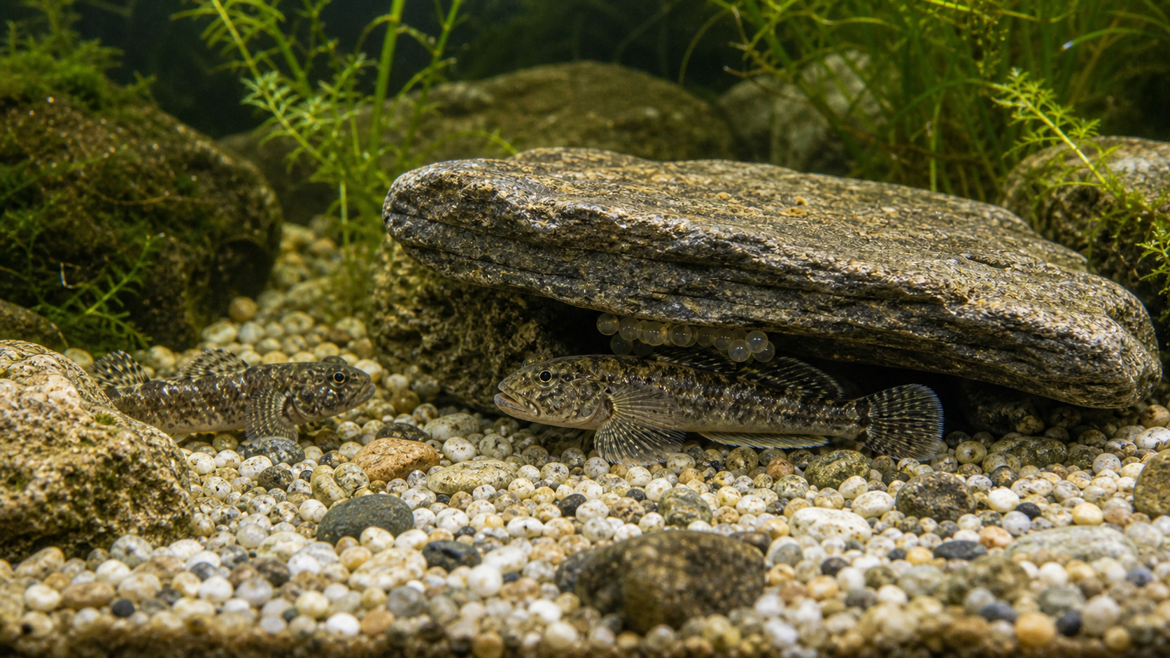 石の下で卵を守るヨシノボリの繁殖水槽