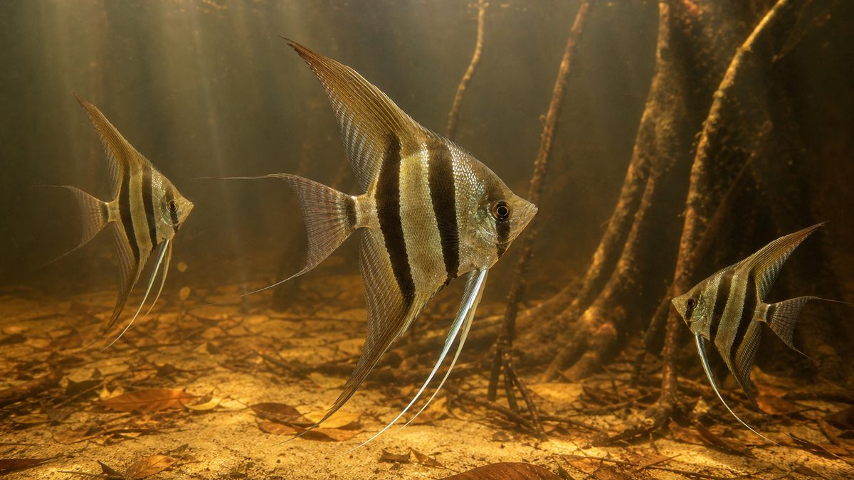 沈水した樹根の間を泳ぐ野生型アルタムエンゼルフィッシュの体形