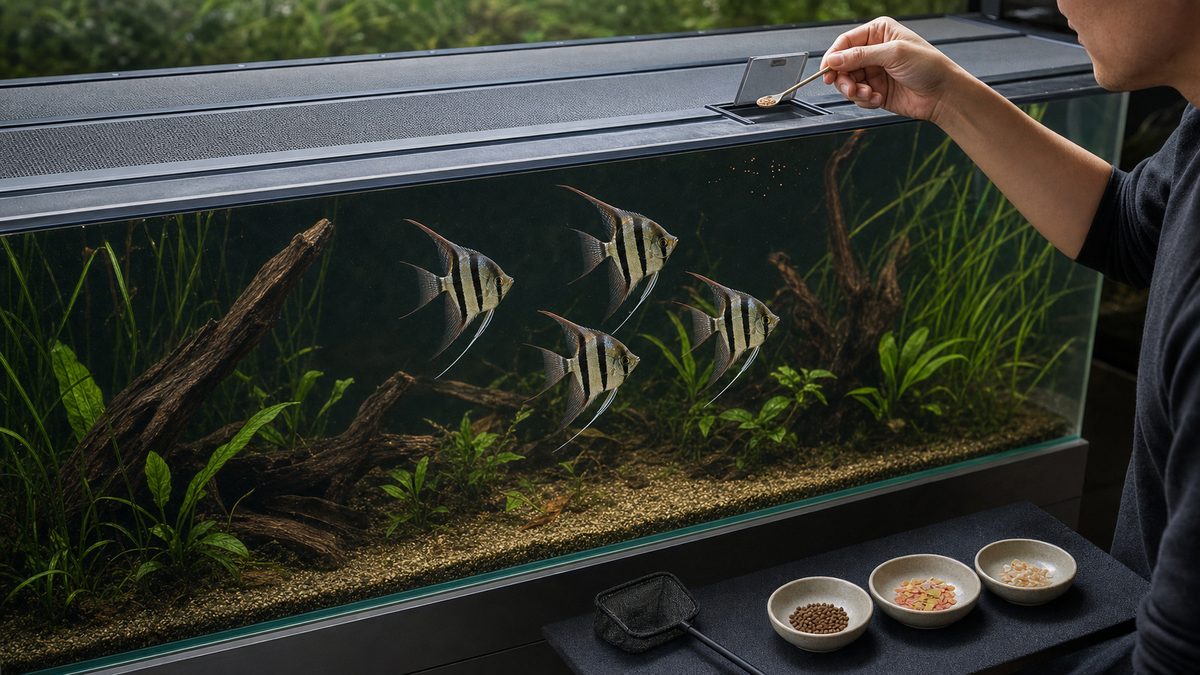 ペレット・フレーク・解凍餌を少量ずつ用意したアルタムの給餌