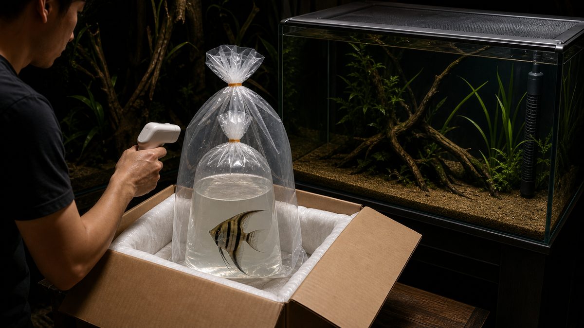 断熱箱の密封二重袋と準備済み隔離水槽を確認するアルタムの受け取り