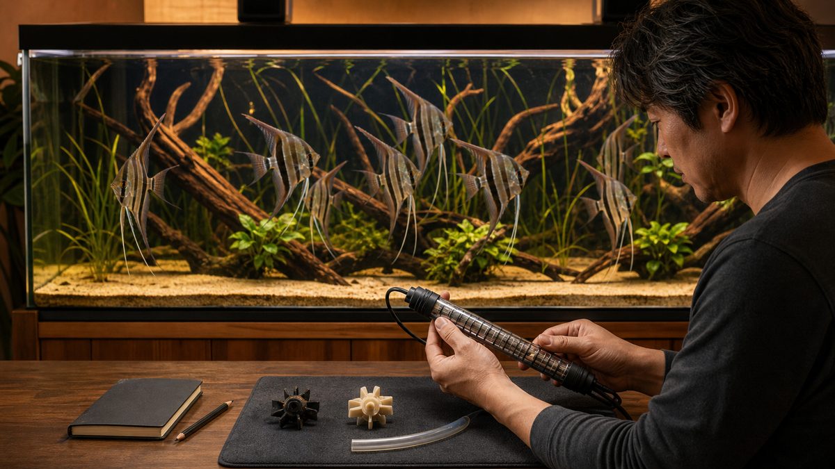 成熟したアルタム水槽を背景に予備ヒーターや濾過部品を点検する長期管理