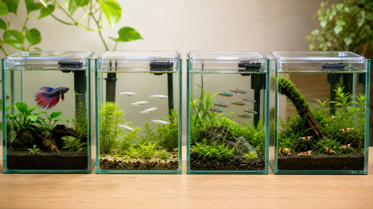 30cm以下の小型水槽で飼えるベタ・小型魚・エビ・貝を区画で示す画像