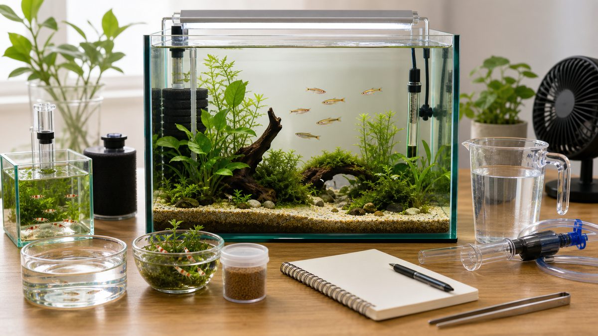 小型水槽のよくある疑問に関わる魚・ヒーター・フィルター・水換え用品の画像