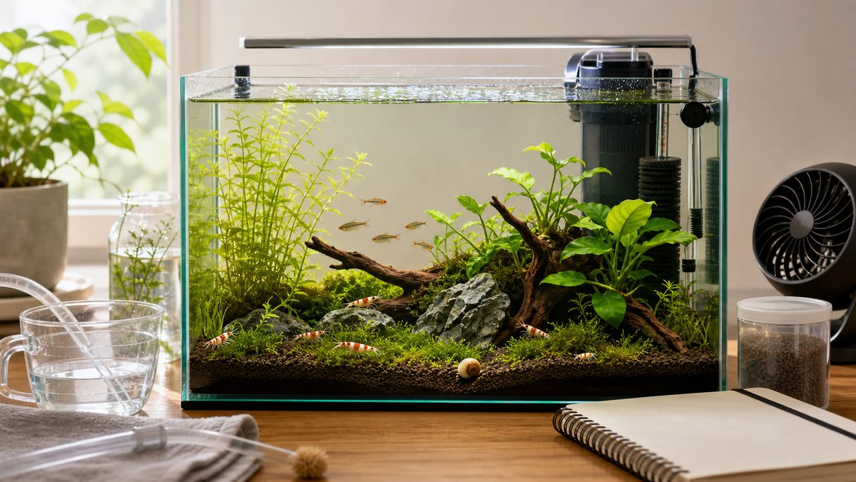 健康な小型魚と水草、水換え用品をまとめた30cm水槽の総括画像