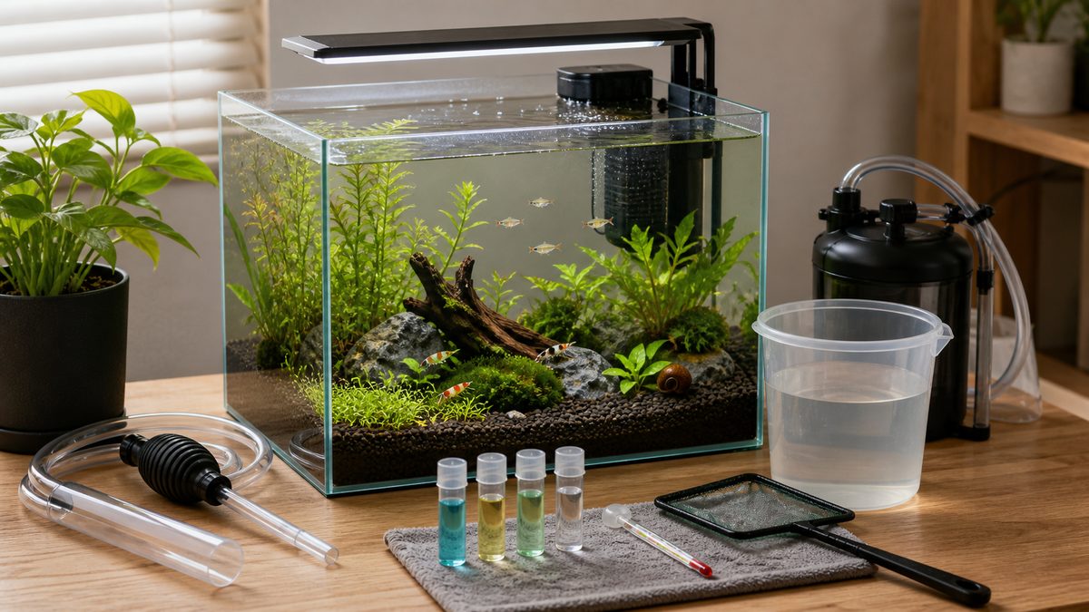 30cm小型水槽と水換え用品・水質検査用品を並べた画像
