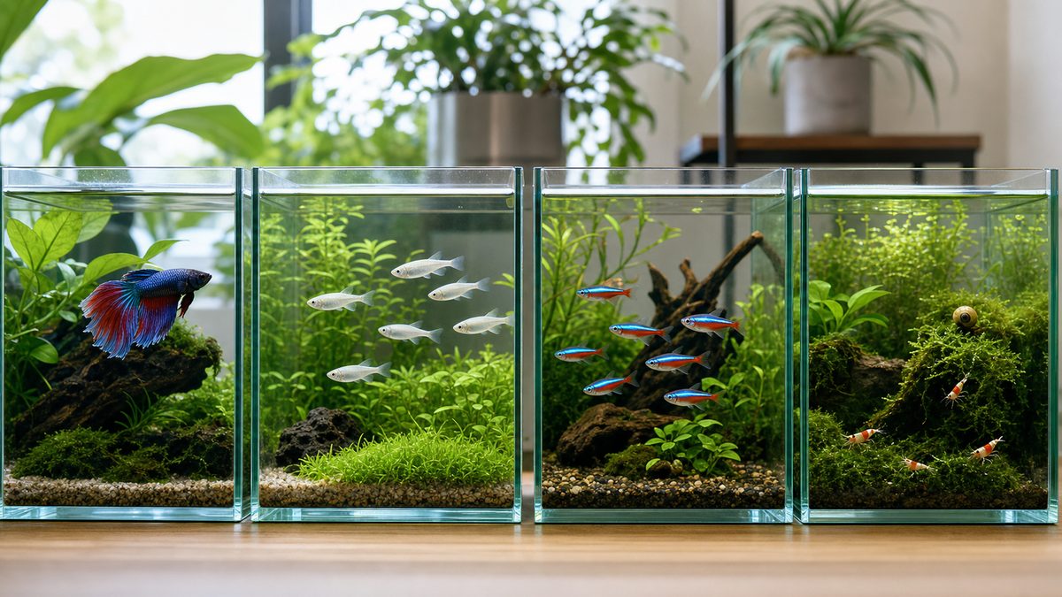 30cm水槽向きのベタ・メダカ・小型カラシンを別水槽で比較する画像
