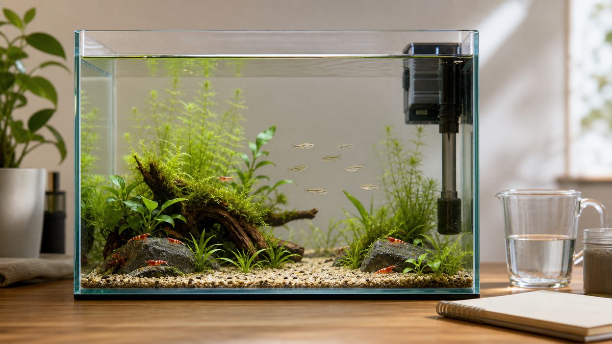 余白のある30cm水槽で控えめな飼育数を示す画像