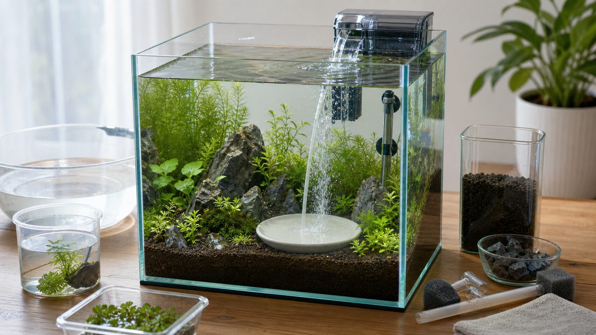 底砂と水草を入れた30cm水槽を立ち上げる手順を示す画像
