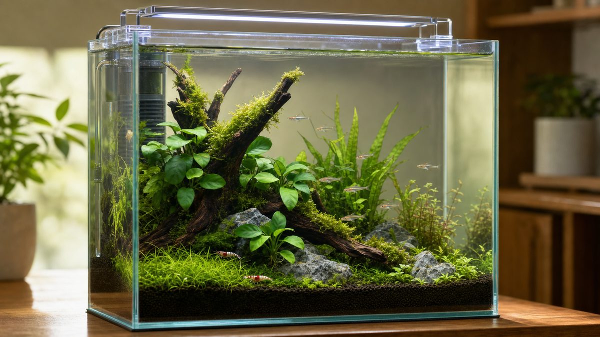 流木と水草で泳ぐ余白を残した30cm水槽レイアウト画像