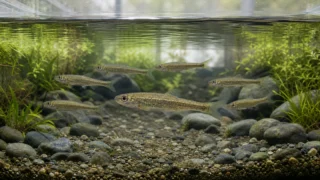 冷たい流れを再現した川石水槽を細身のアブラハヤ7匹が群泳する様子