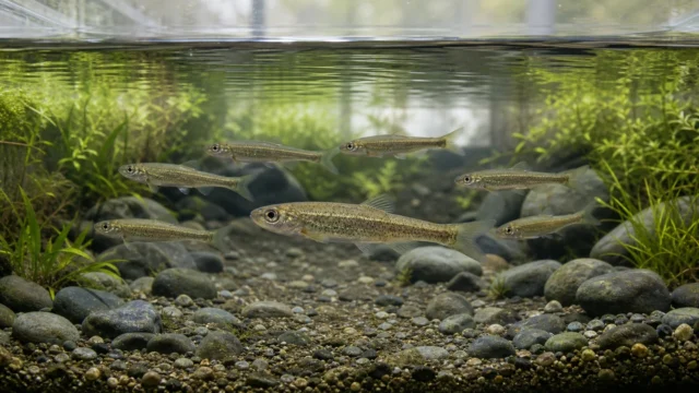 冷たい流れを再現した川石水槽を細身のアブラハヤ7匹が群泳する様子