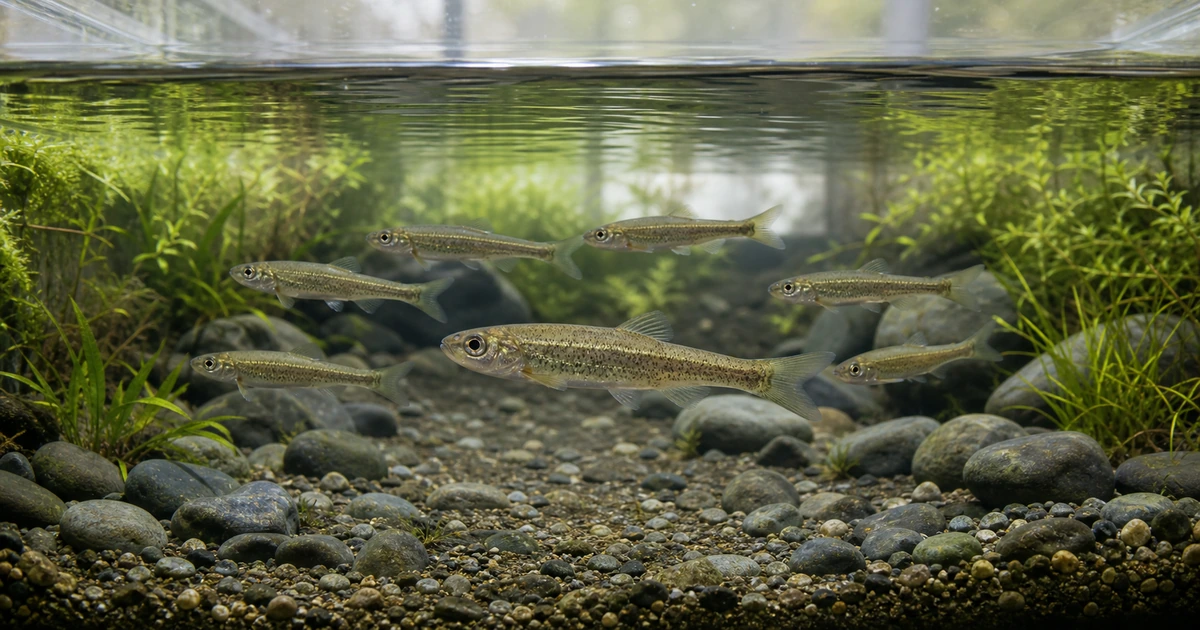 冷たい流れを再現した川石水槽を細身のアブラハヤ7匹が群泳する様子