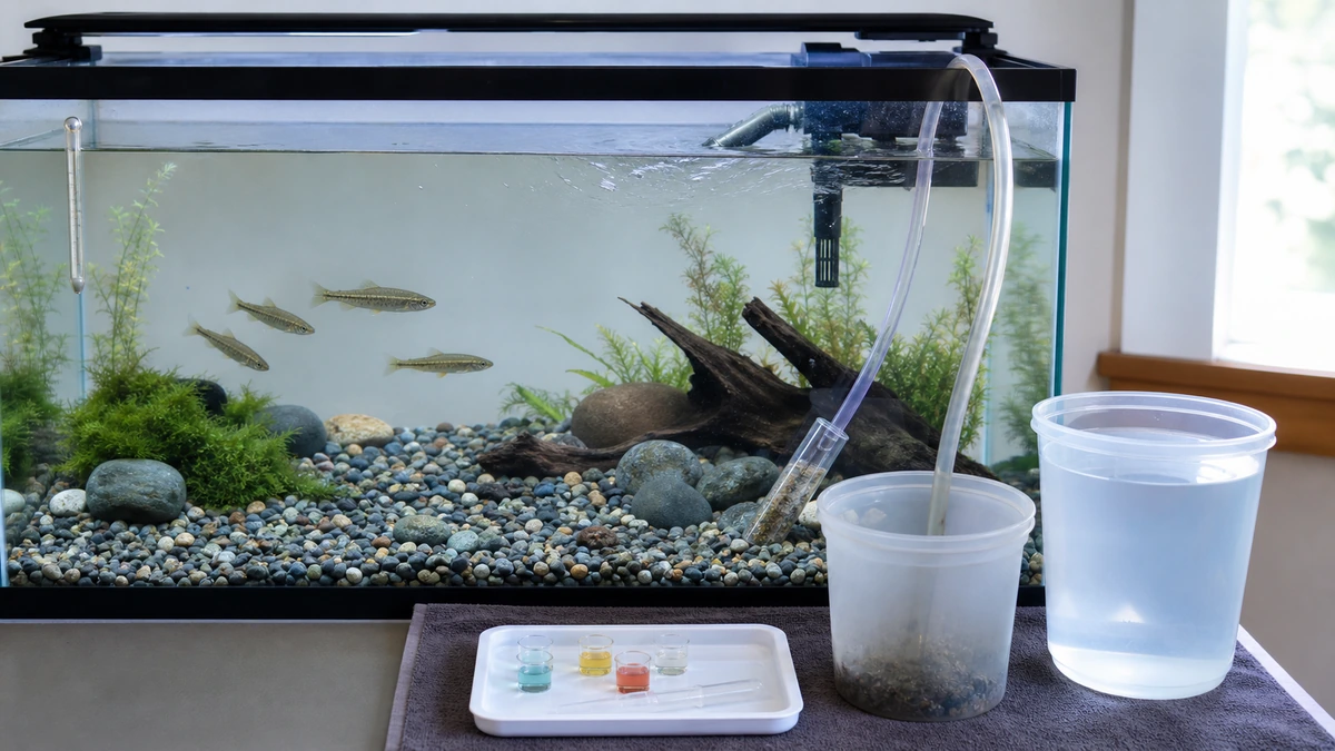 アブラハヤ水槽で温度確認と水質試験とサイフォンによる部分換水を行う様子