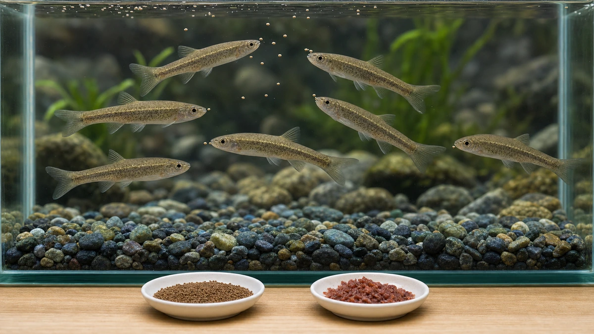 アブラハヤの群れが少量の微粒餌を食べ主食と細かな冷凍餌を小皿で比べる様子