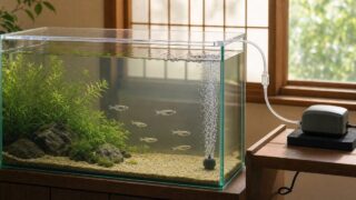 安全に設置したエアポンプと水面波紋がある日本産メダカ水槽のアイキャッチ