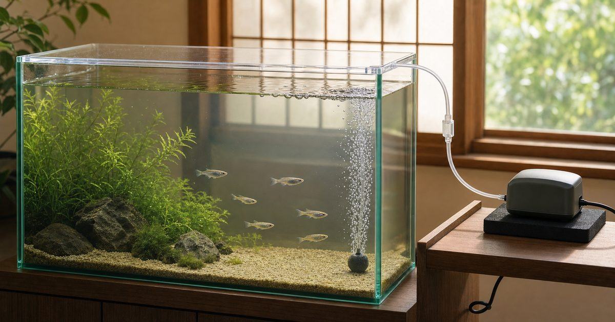 安全に設置したエアポンプと水面波紋がある日本産メダカ水槽のアイキャッチ