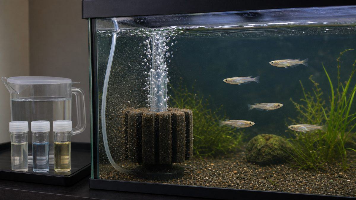 気泡で水が通るスポンジろ過と水質確認用の準備水を組み合わせた管理場面