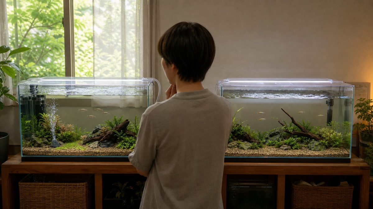 補助エアレーションを使う水槽とフィルター吐出口で水面が動く水槽の比較