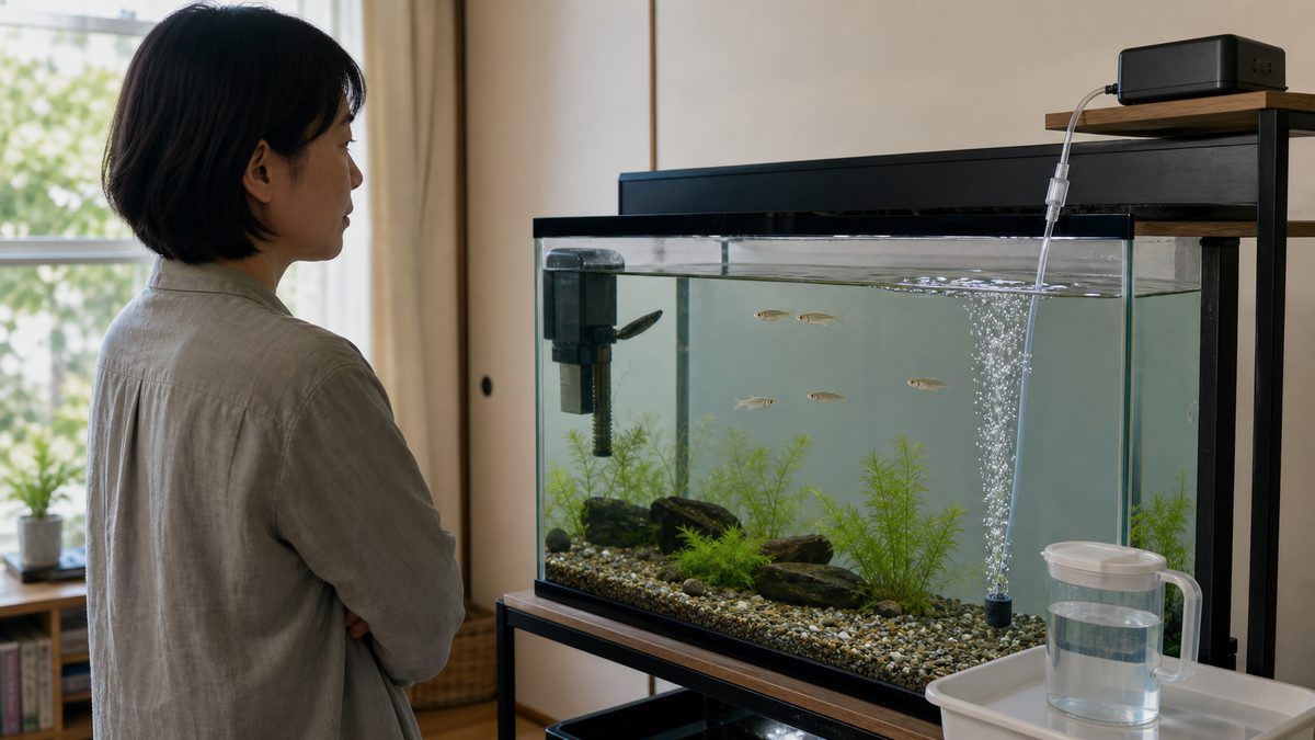 停電時に電池式エアポンプを使い準備水と温度を確認する水槽の応急対応