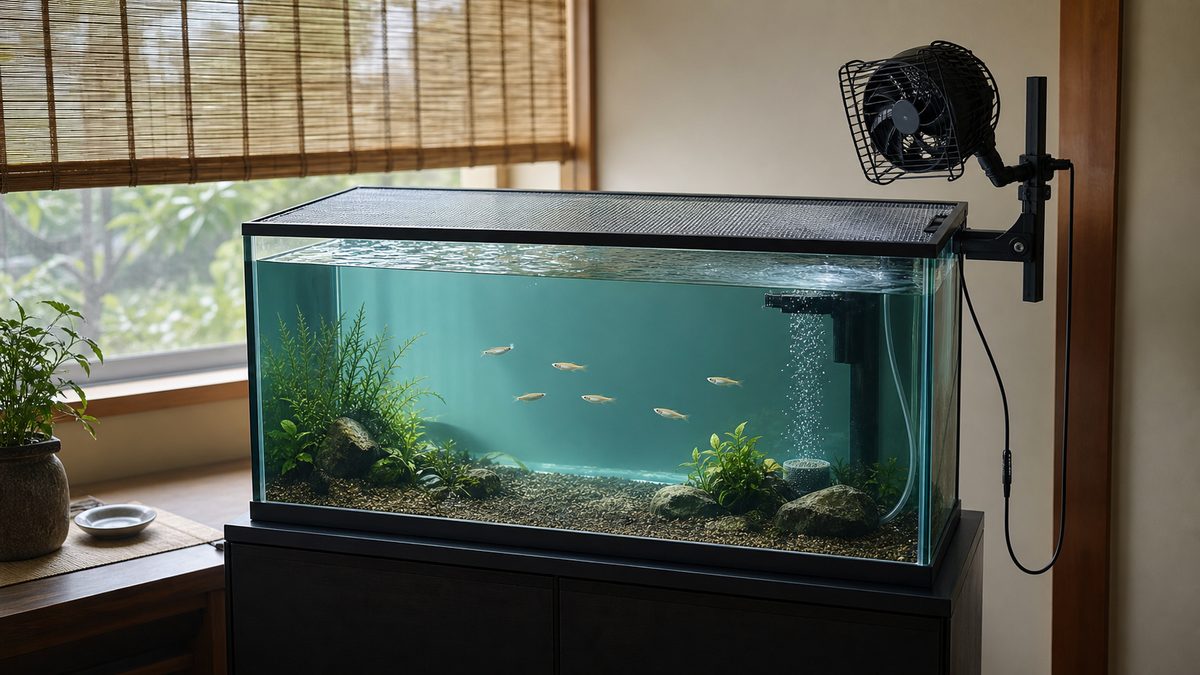 遮光と水槽用ファンと穏やかなエアレーションで夏を管理するメダカ水槽