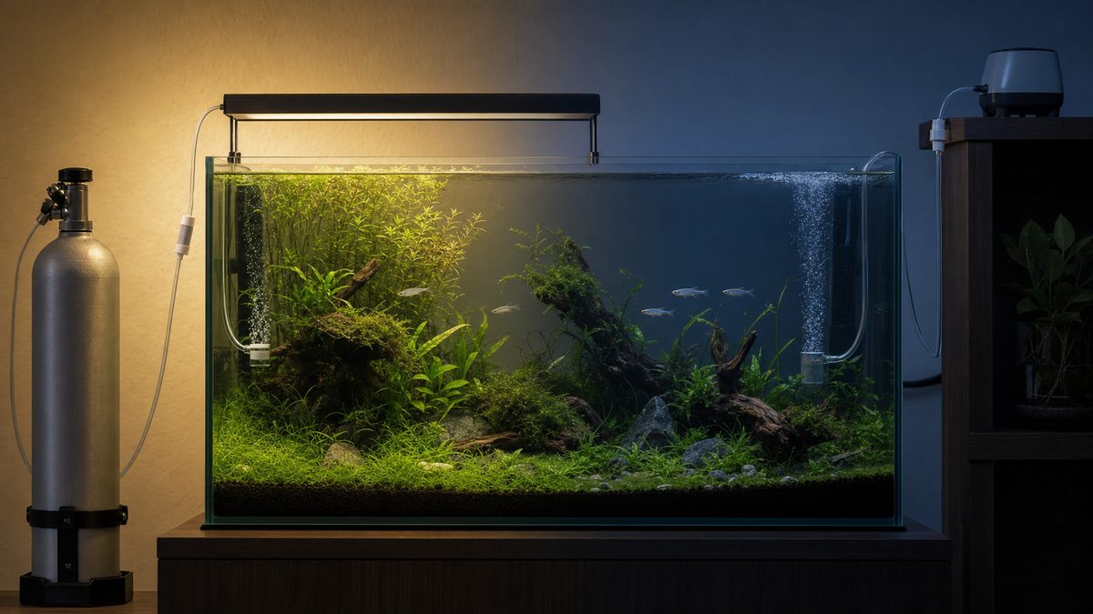 昼はCO2添加し夜は停止して穏やかに曝気する水草水槽の昼夜比較