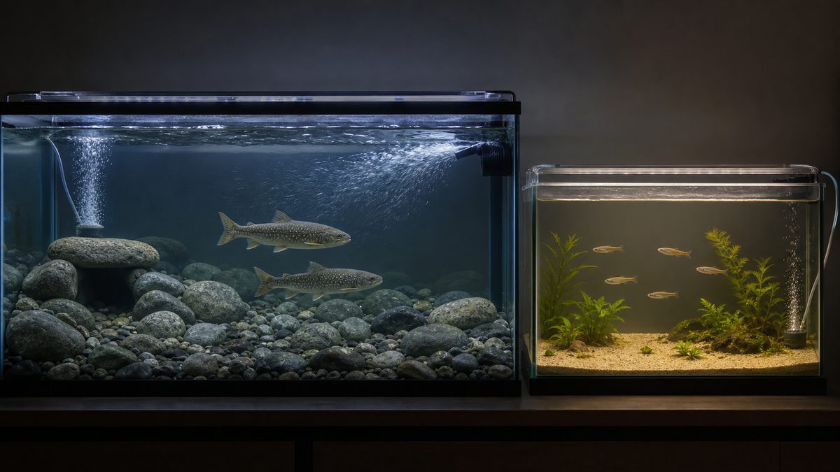 渓流魚の冷涼な礫底水槽とメダカの穏やかな植栽水槽の水流比較