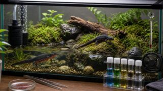 アクアテラリウムでアカハライモリを安全に飼育する様子を示した画像