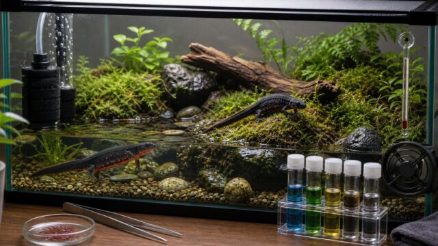 アクアテラリウムでアカハライモリを安全に飼育する様子を示した画像