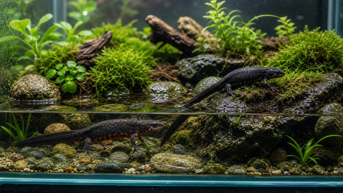 黒褐色の背中と赤い腹を持つアカハライモリを浅い水辺で示す画像