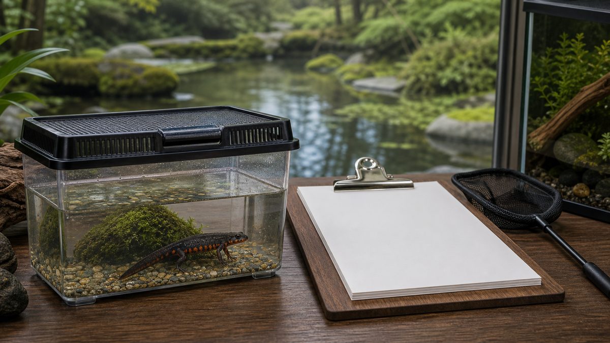 ブリード個体の容器と白紙の確認書類でアカハライモリの法律確認を示す画像