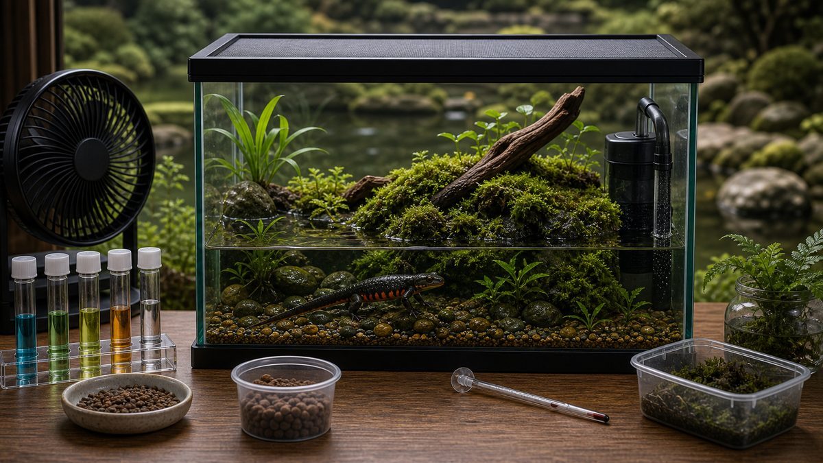 蓋・低温管理・水質検査・餌を備えたアカハライモリ水槽のまとめ画像