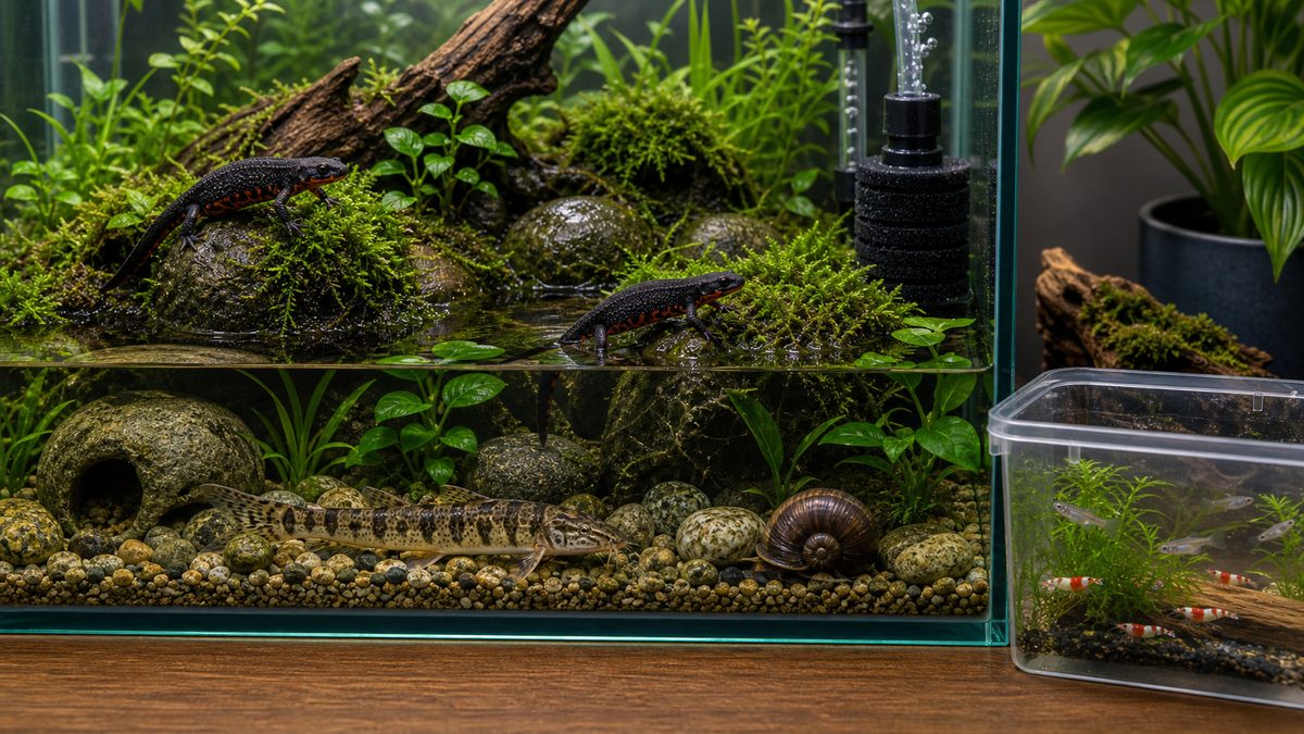 アカハライモリ水槽と小魚・エビを分けて混泳の注意を示す画像