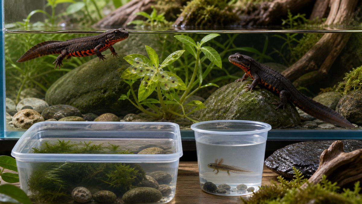 水草の卵・孵化容器・幼生でアカハライモリの繁殖を示す画像