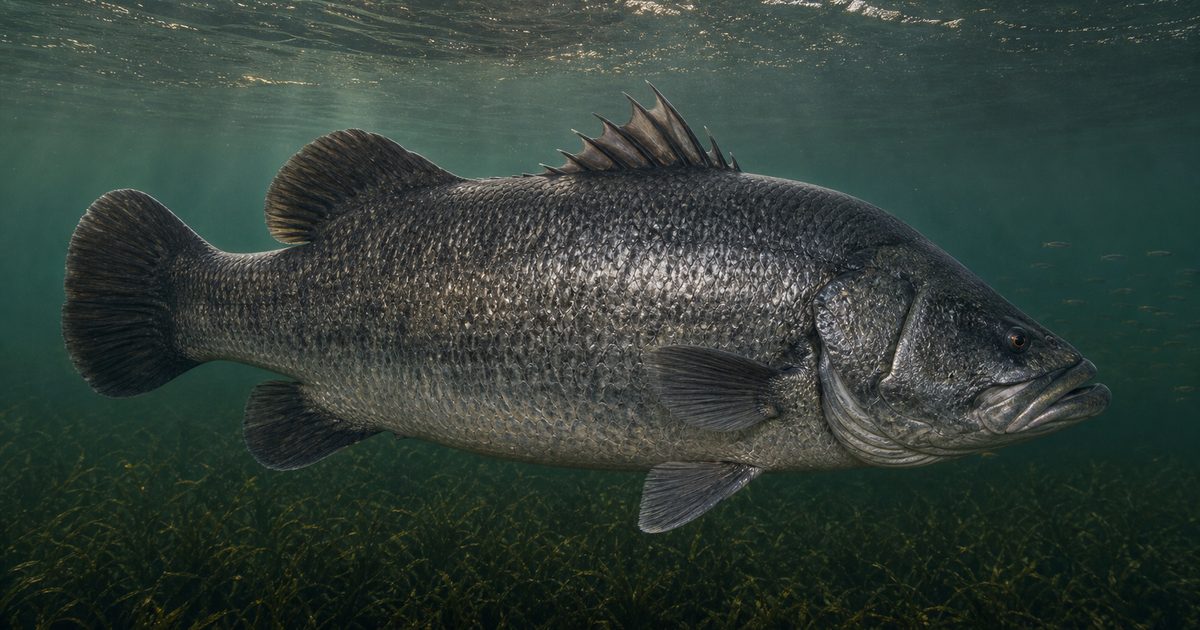 日本の汽水域を泳ぐアカメ Lates japonicus の大型成魚と赤く反射する眼