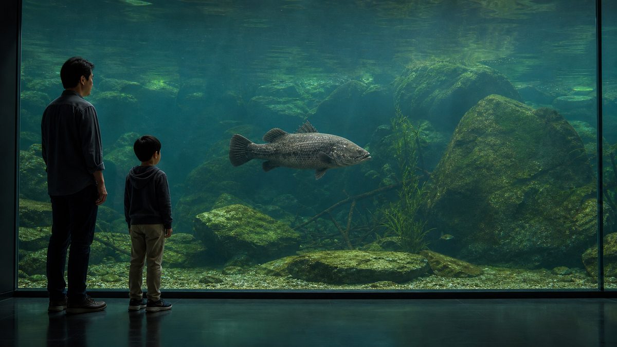 大型水族館水槽を泳ぐアカメ成魚と全身の見学者
