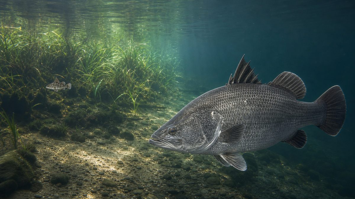 汽水域の水草帯にいる縞模様のアカメ幼魚と銀色の大型成魚