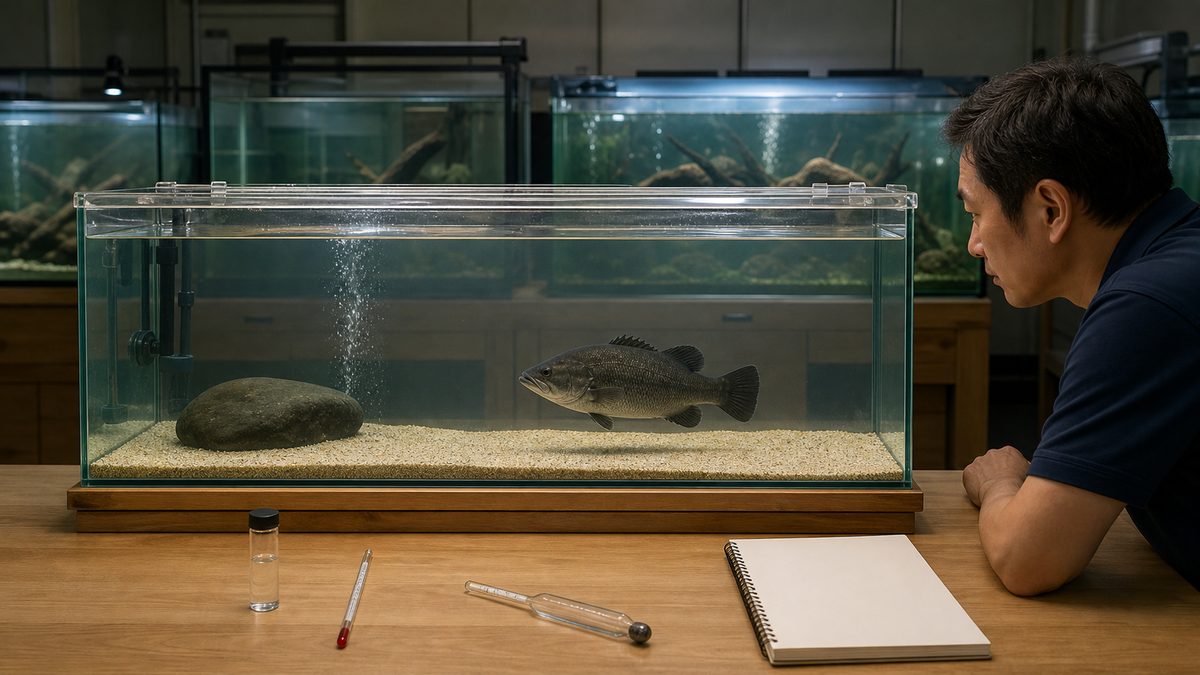 フタ付き観察水槽でアカメの泳ぎと水質を確認する様子