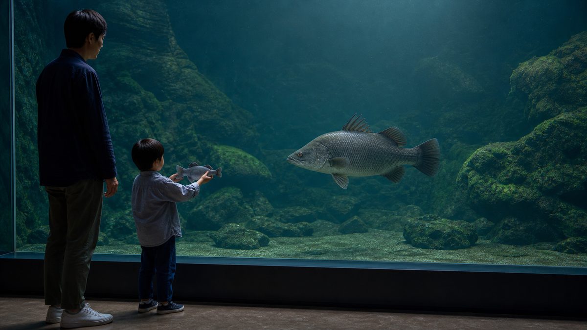 夜の水族館でアカメ成魚と小さなアカメ模型を見比べる親子