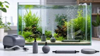 水槽内で複数のエアストーンが泡を出す様子とポンプやチューブを並べた比較ガイドのアイキャッチ画像