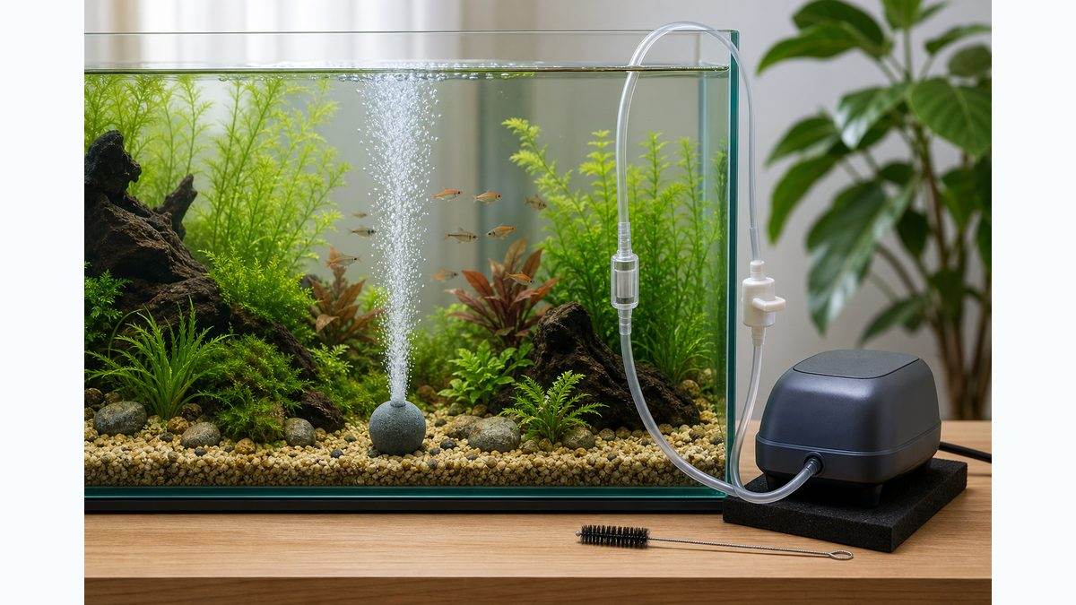 水槽に合ったエアストーン、ポンプ、逆流防止弁、掃除ブラシを揃えた最終セットアップ画像