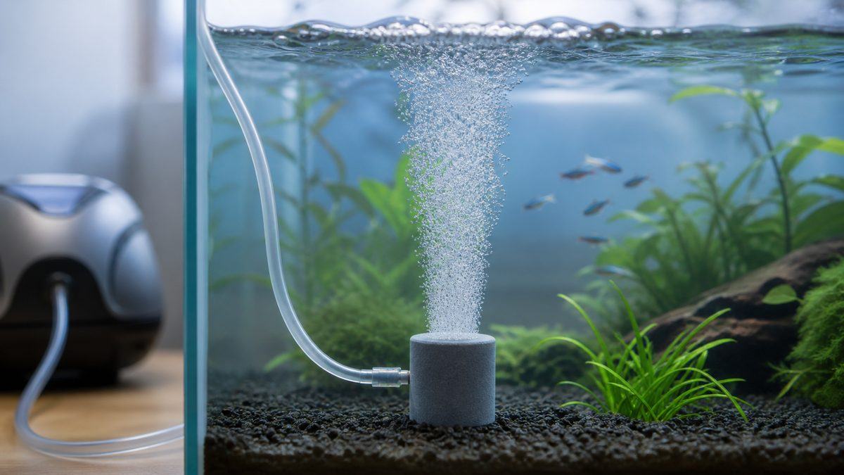 円柱型エアストーンから泡が上がり水面を揺らす基本仕組みを示す画像
