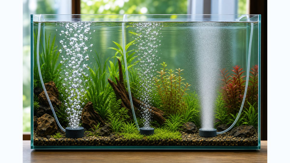 大粒、中粒、微細泡の三つの気泡サイズを水槽内で比較する画像
